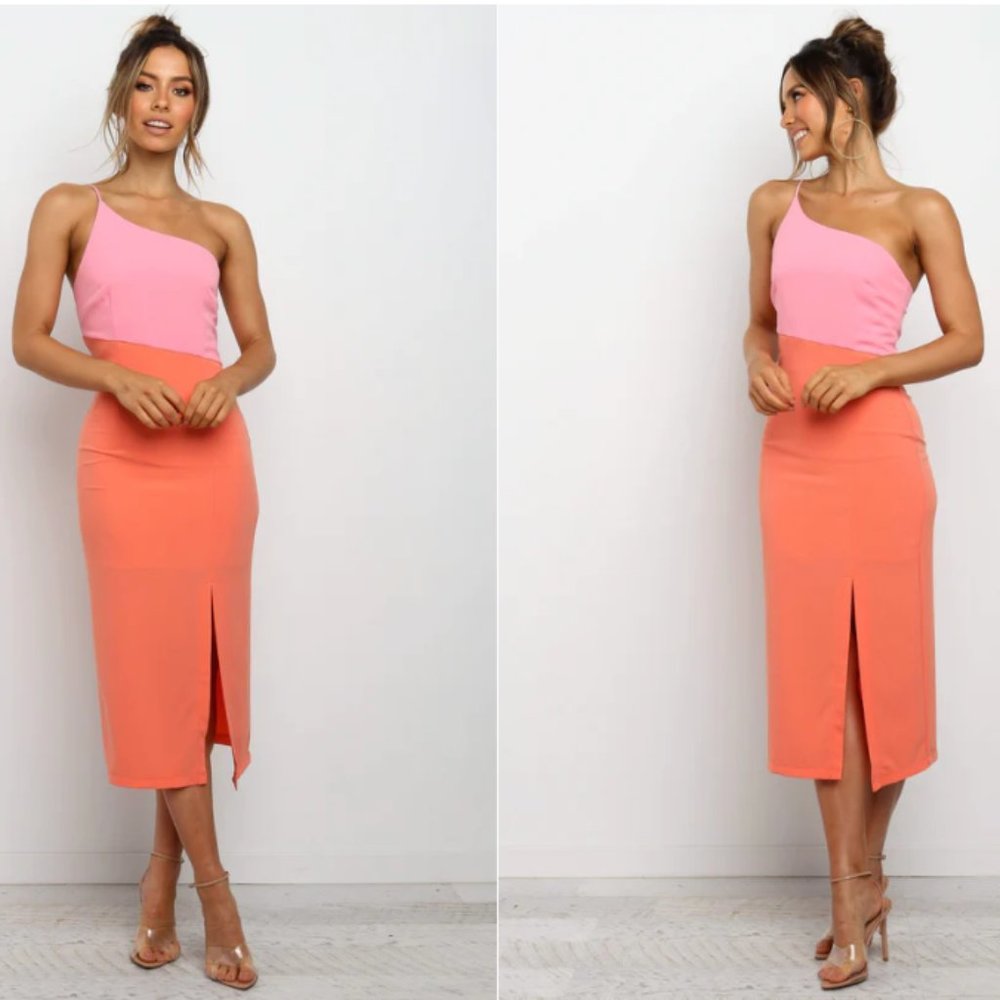 Petal & Pup XIOMAR DRESS - ORANGE PINK Size US 6 Midi Dress One Shoulder